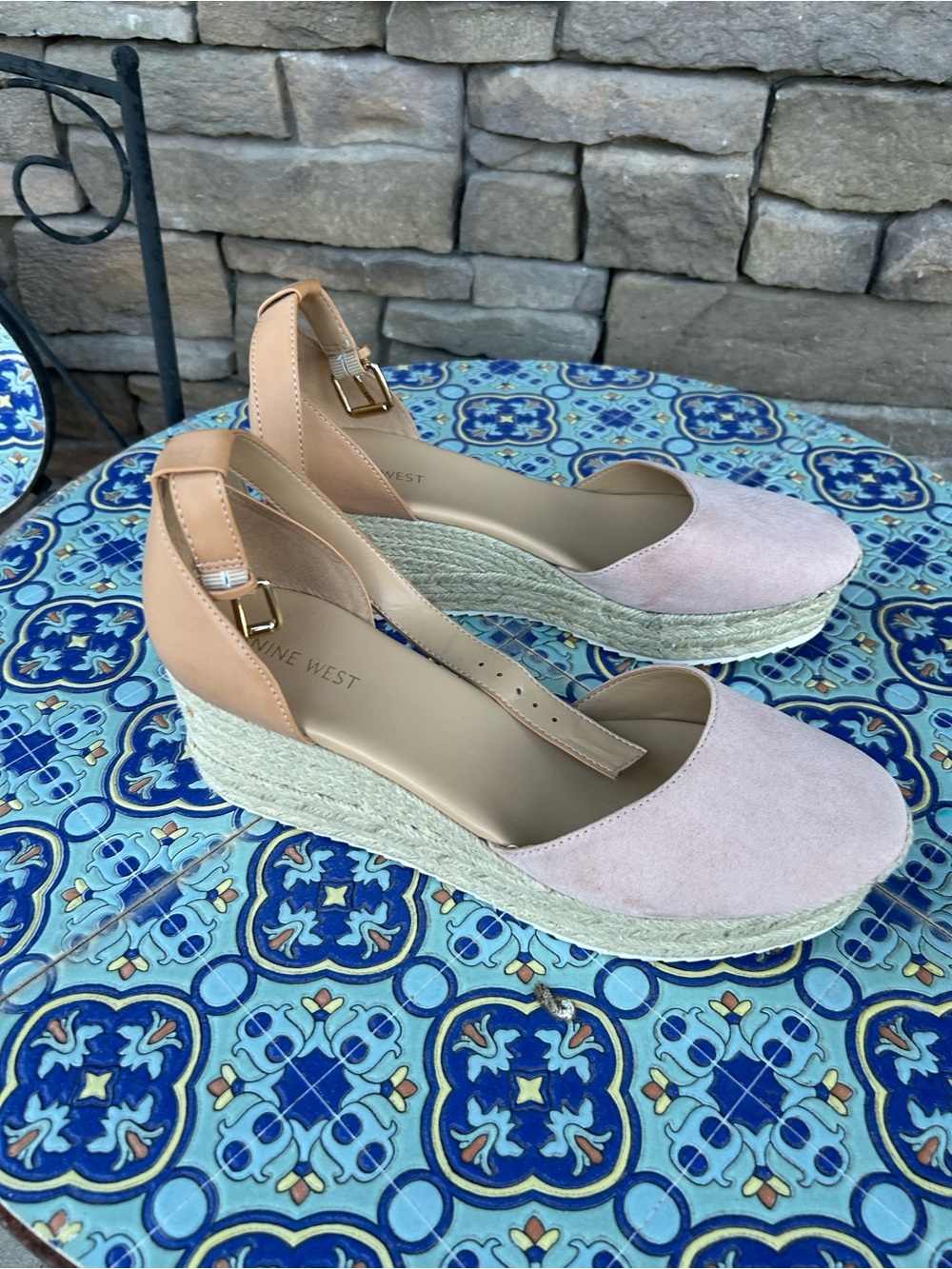Nine West Ariela Blush Pink Suede and Tan Espadrille Wedges